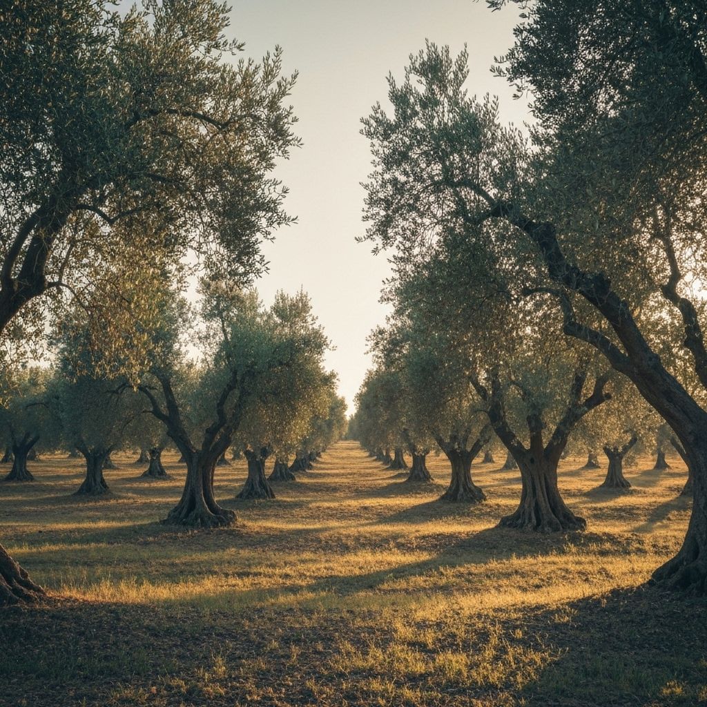 Serene olive grove representing growth, stability and wisdom